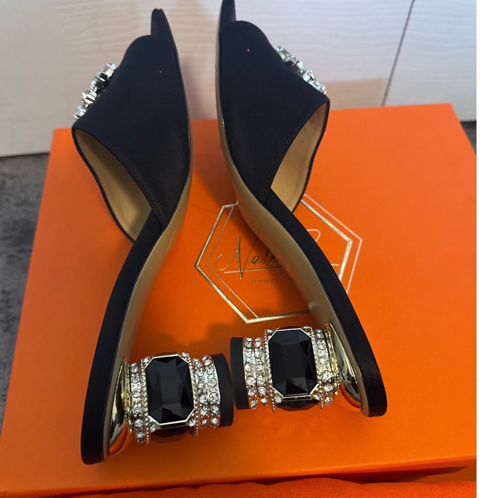 Nalebe Aurum 50mm Black Satin Crystal Embellished Mule Sandals Size 36 - Picture 4 of 7